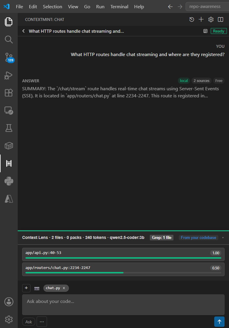 Context Lens expanded drawer with retrieved chunks and relevance scores