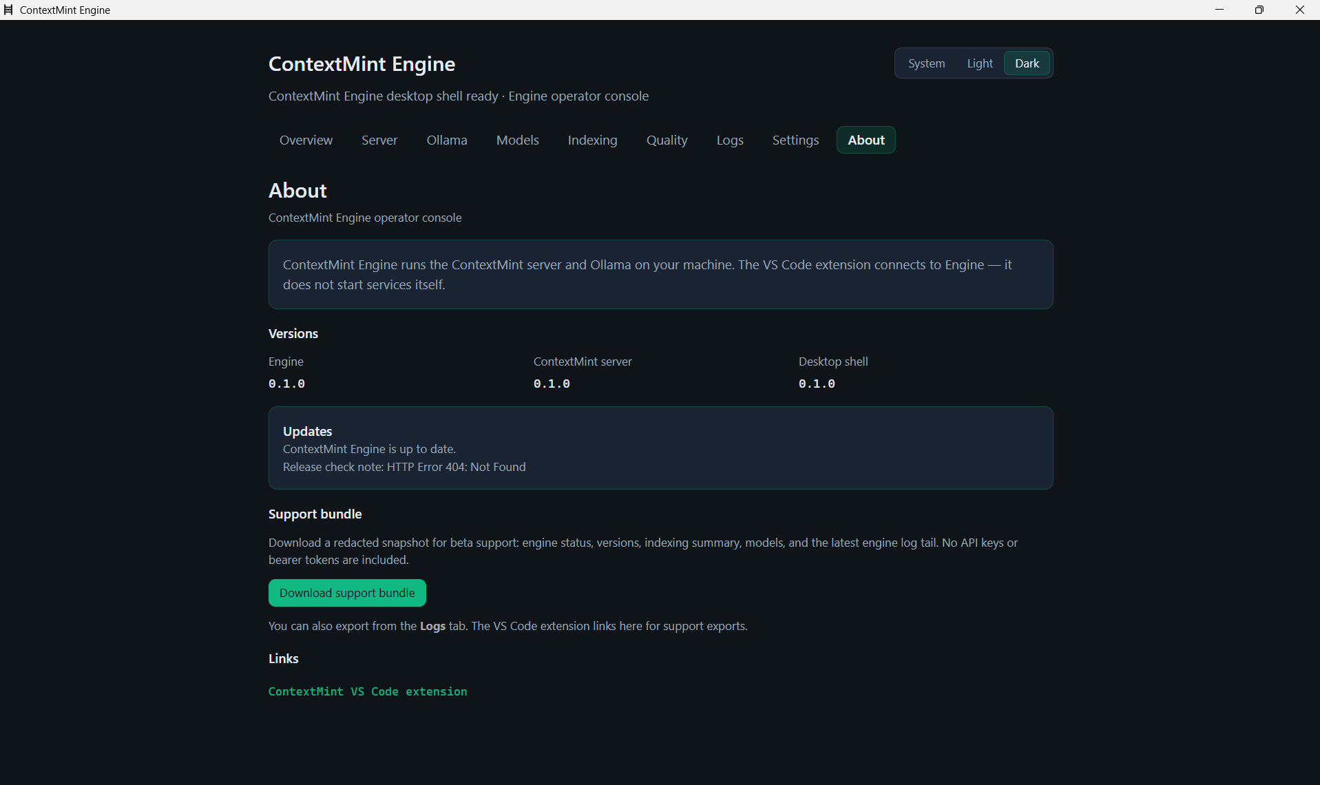 ContextMint Engine About tab with version and support links