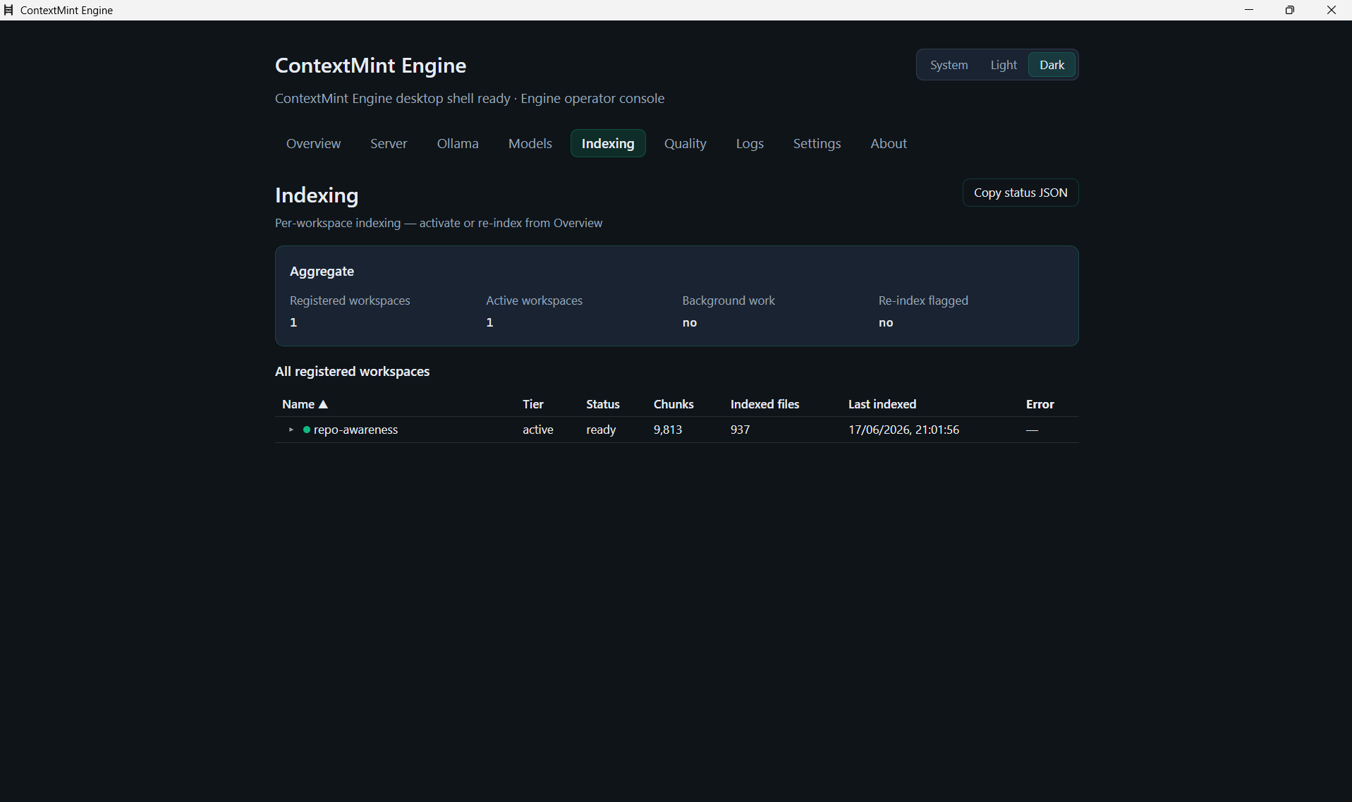ContextMint Engine Indexing tab with repository scan progress