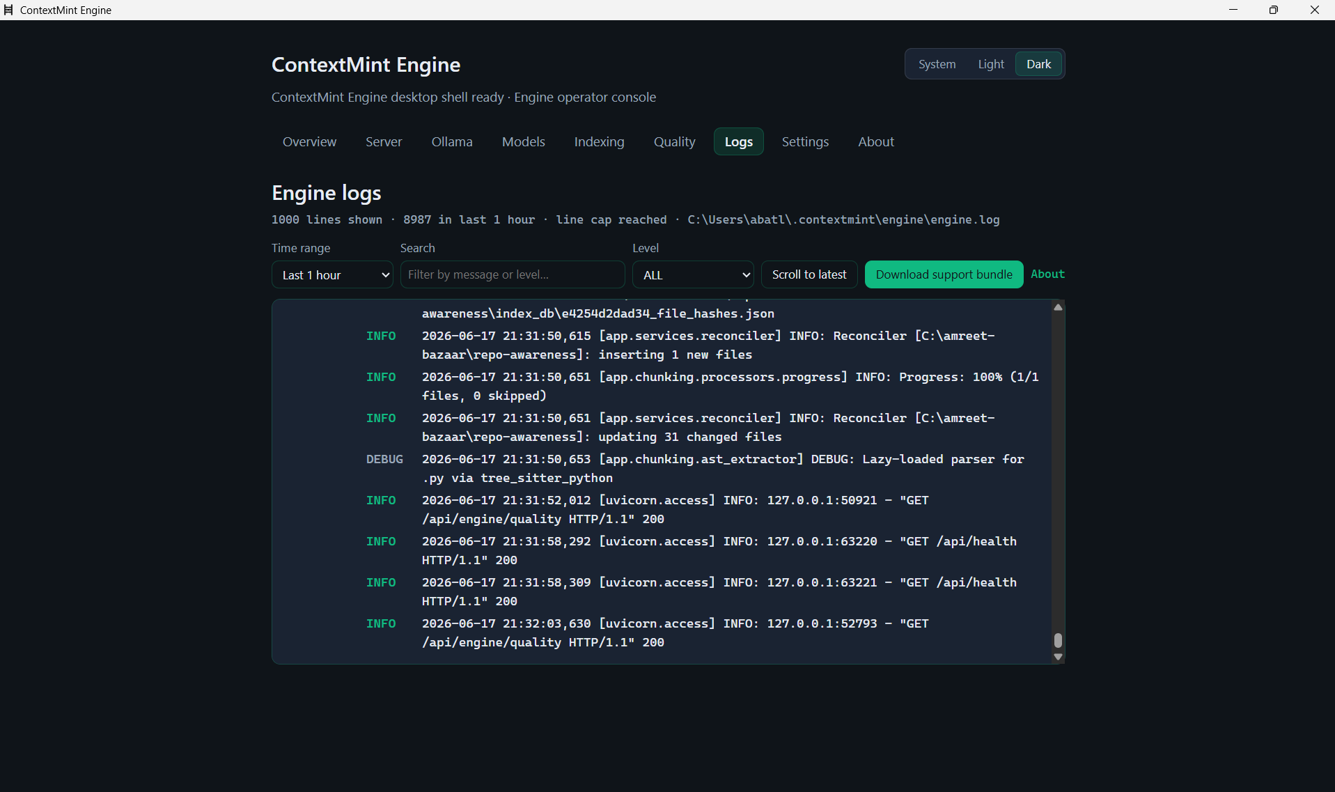 ContextMint Engine Logs tab streaming operator diagnostics