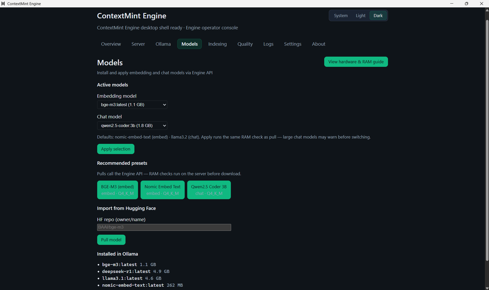ContextMint Engine Models tab listing installed and available models