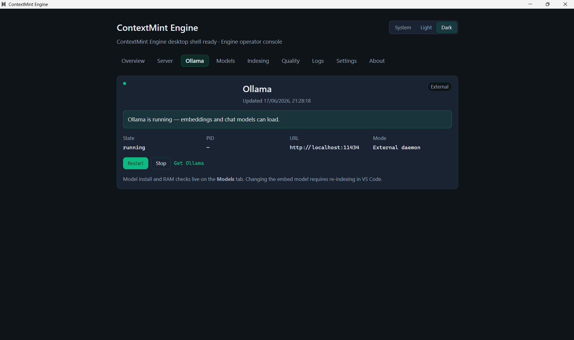 ContextMint Engine Ollama tab showing local model runtime status