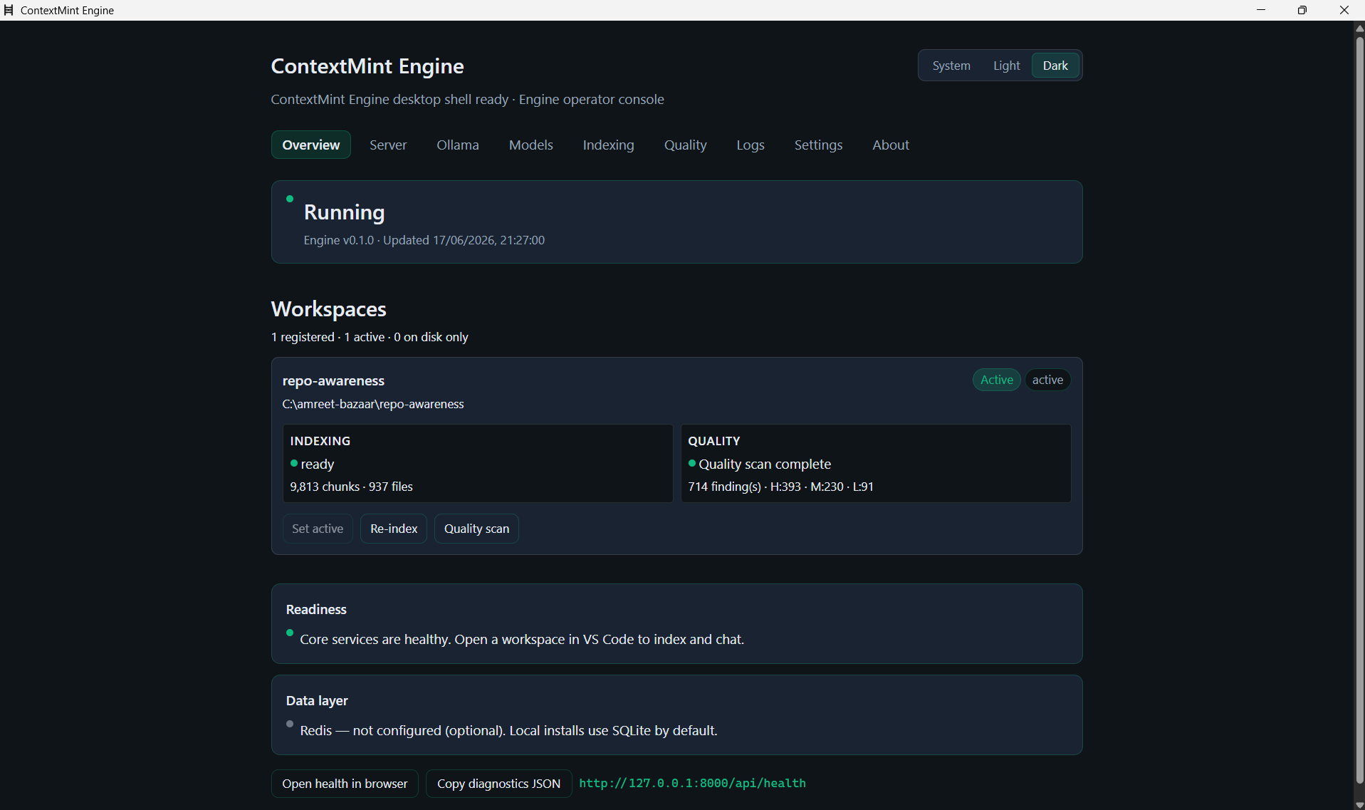 ContextMint Engine Overview showing Running status, Readiness, and Data layer cards