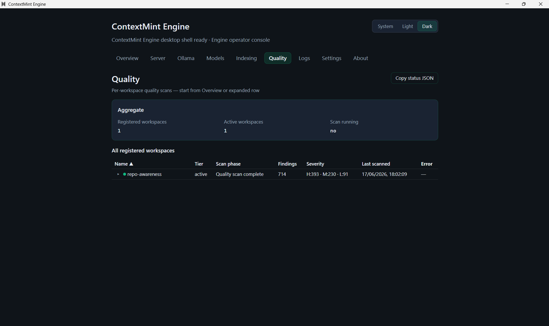 ContextMint Engine Quality tab with retrieval and governance checks