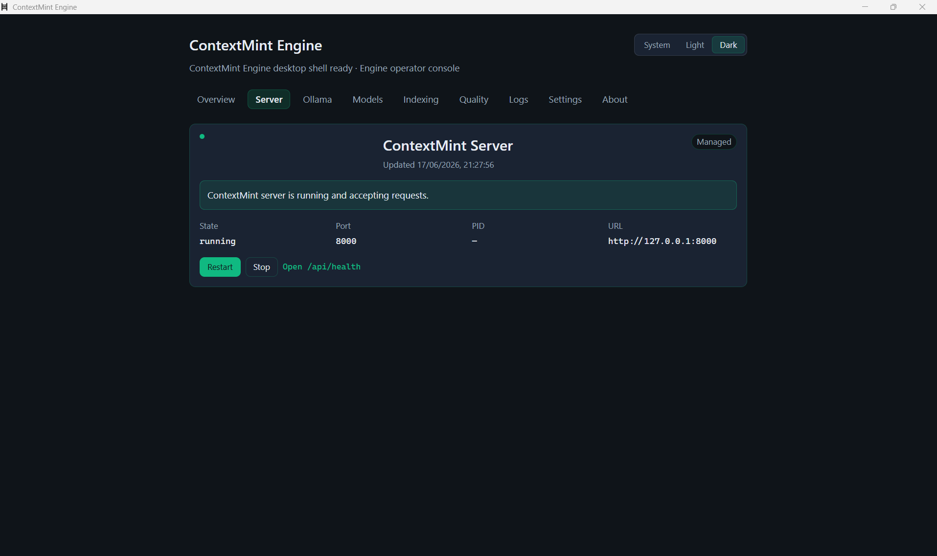 ContextMint Engine Server tab with lifecycle controls and port status