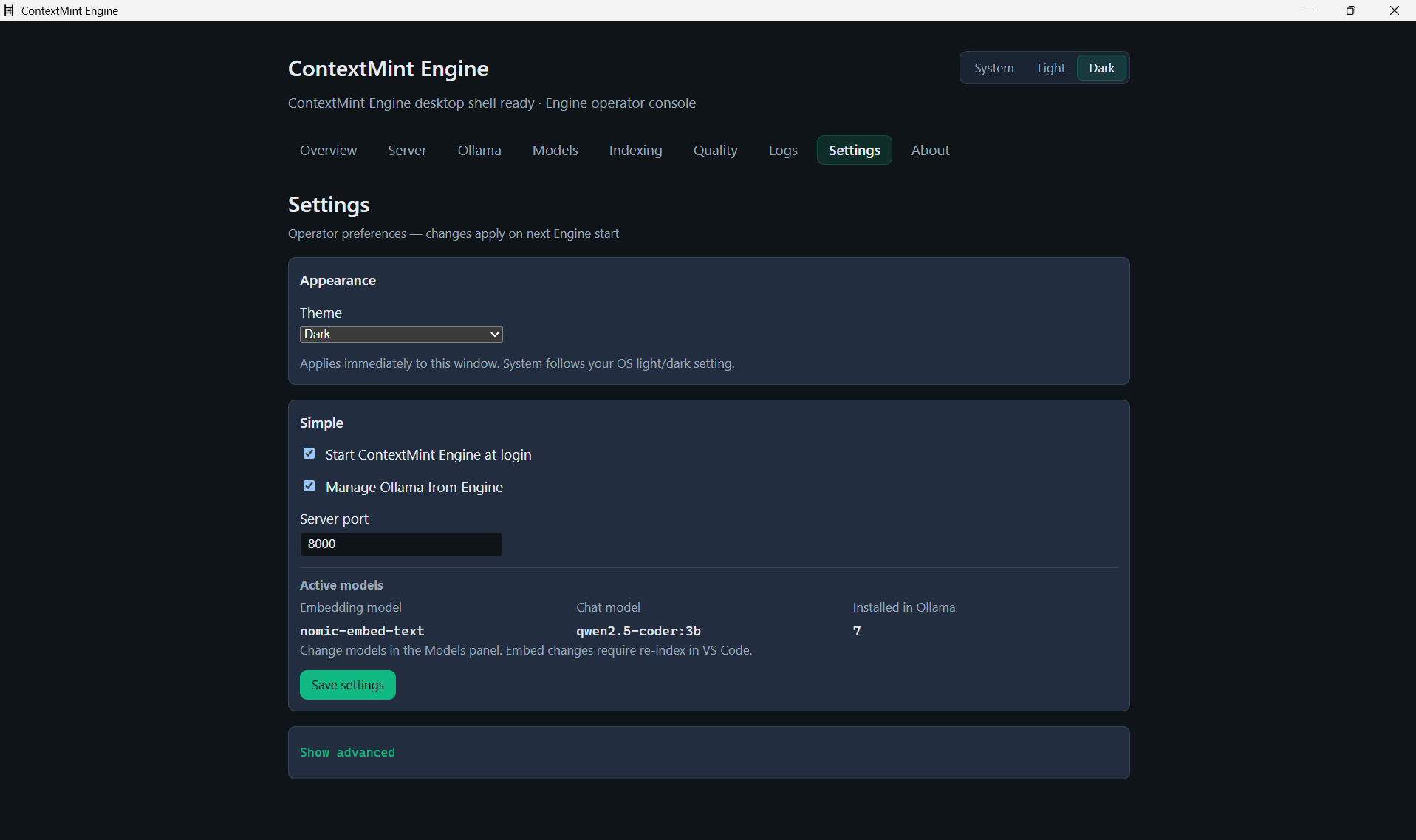 ContextMint Engine Settings tab for paths, ports, and preferences