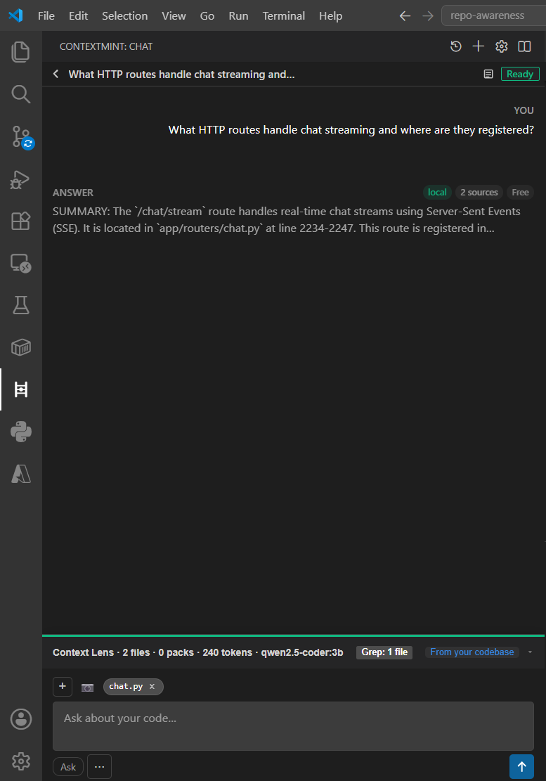 Context Lens collapsed strip showing chunk count and model routing summary