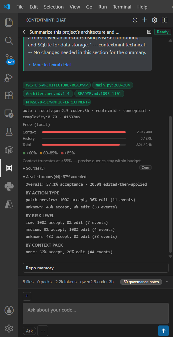 ContextMint chat thread with assistant answer and local routing badge
