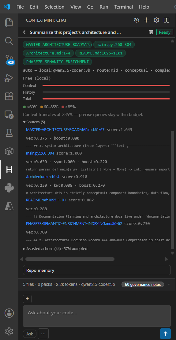 ContextMint chat thread with assistant answer and local routing badge