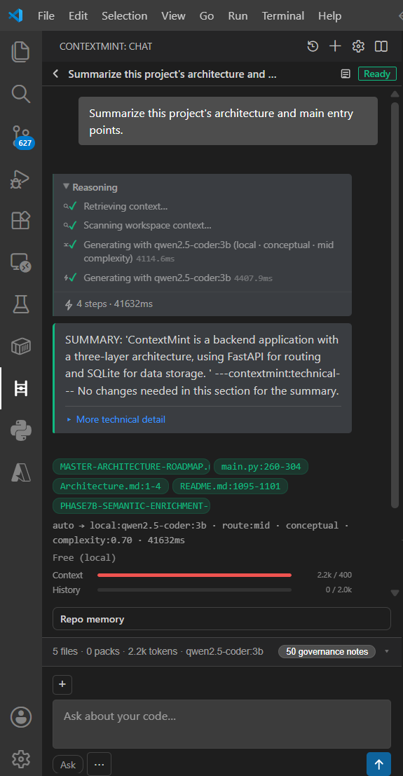 ContextMint chat thread with assistant answer and local routing badge