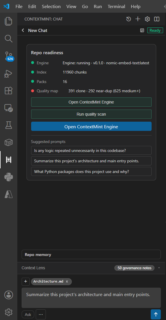 ContextMint compose bar showing Ask mode, attached context, and a sample question