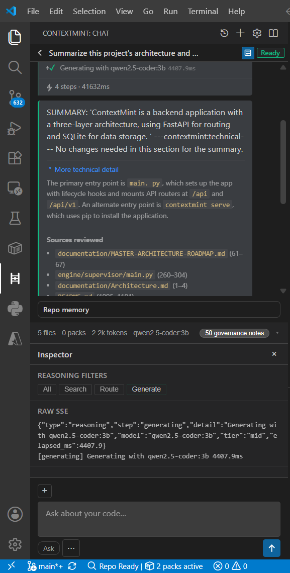 ContextMint inspector drawer showing routing provenance and reasoning trace