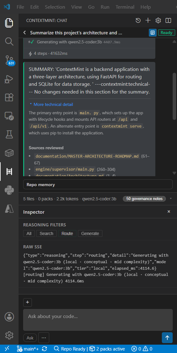 ContextMint inspector drawer showing routing provenance and reasoning trace