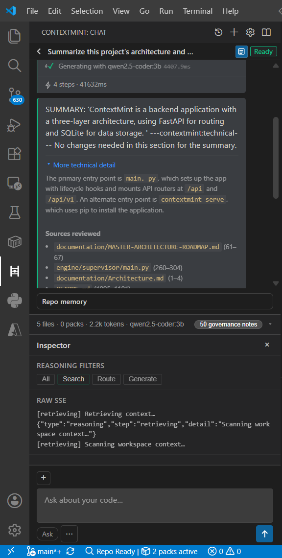 ContextMint inspector drawer showing routing provenance and reasoning trace
