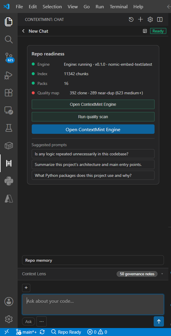 ContextMint VS Code panel with repo readiness card and suggested prompts
